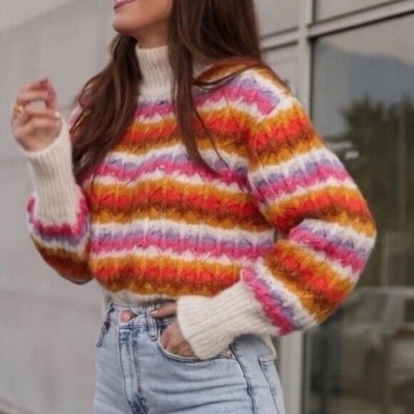 ZARA Chunky Woven Knit Jacquard Rainbow Sweater Striped Weave Multicolor - Picture 1 of 7